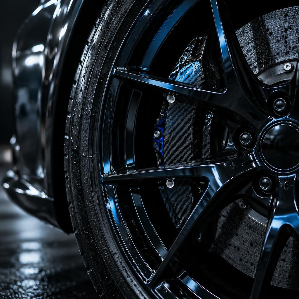 Close-up of a detailed alloy wheel with a water droplet