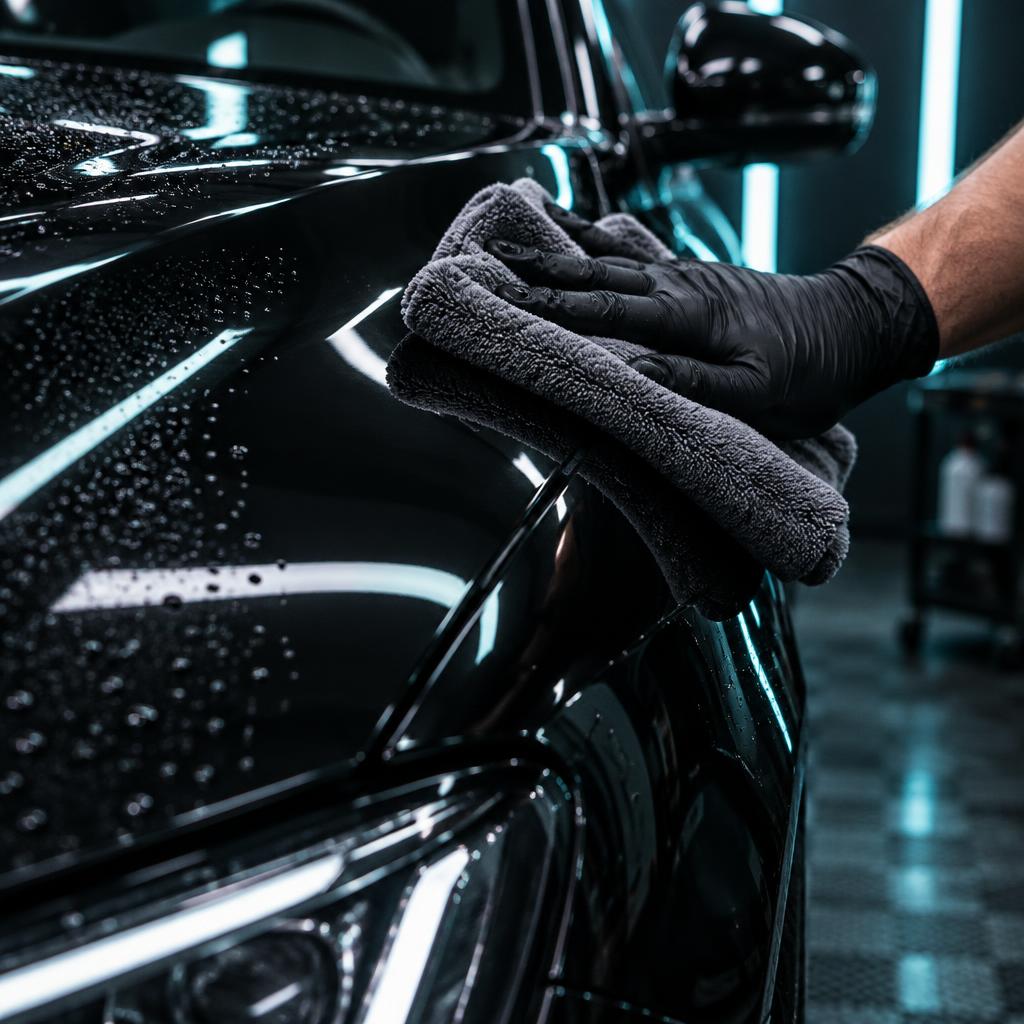 Gloved hand wiping a mirror-black panel with microfiber